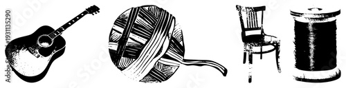 Black and white vector of musical instrument, textile materials, furniture, and craft supplies. Includes acoustic guitar, yarn ball, wooden chair, thread spool. Artistic halftone texture.