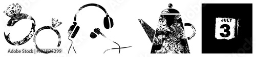 Distressed vector of rings, headphones, teapot, and date stamp, gritty texture,, graphic design elements, urban aesthetic, bold shapes.