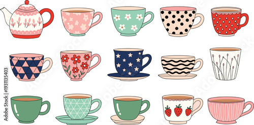 Cute hand drawn ceramic tea cup and teapot collection with floral patterns dots a