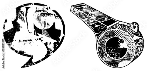 Two stylized circular and elongated shapes filled with intricate black and white, graphic design elements, vector art, halftone textures, artistic abstraction.