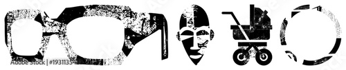 Abstract black and white vector featuring glasses, tribal mask, baby stroller, and broken circle halftone texture, isolated design elements, modern minimalism.