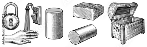Hand drawn vector illustration featuring antique padlock, faucet, wooden chest, cylinder and cube shapes, sketch style.