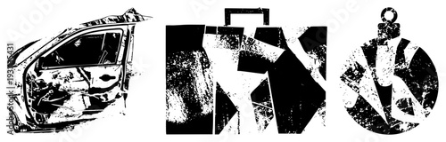 Graphic design featuring fragmented geometric forms, halftone noise, vector art, abstract composition, modern art, digital illustration.