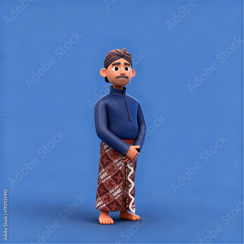 3D cute male character wearing Javanese traditional costume with Blangkon headgear and Batik sarong, Indonesian ethnic fashion illustration in 3D render style.