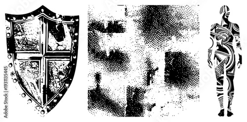 shield with, riveted edges, weathered texture, armor, warrior emblem, symbol, black and white vector.