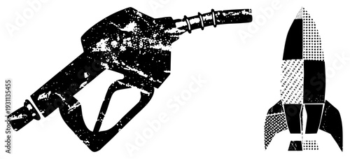 Gas pump nozzle and ship depicted in bold black silhouette, halftone dot, distressed texture, vector graphic, symbolic energy transition.