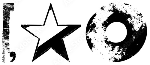 Distressed vector featuring a star, comma, and donut shape with gritty texture, ideal for graphic design, branding, or UI elements. Grunge style,, abstract symbols.