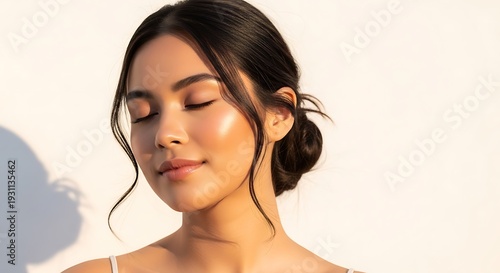 Natural skincare beauty portrait of peaceful young woman with glowing skin in soft sunlight