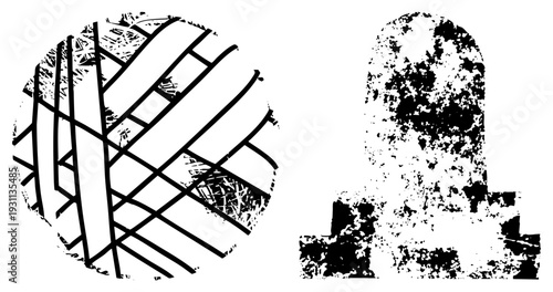 Black and white vector art featuring intersecting in circular grid and distressed monumental shape, halftone texture, graphic design element, isolated illustration.