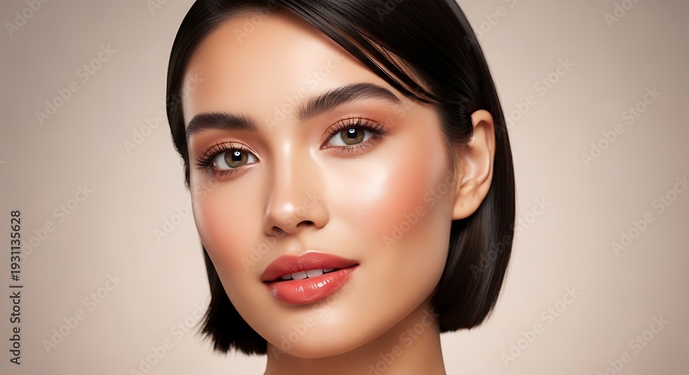 Fototapeta premium Close-up beauty portrait of young woman with flawless glowing skin and natural cosmetic makeup