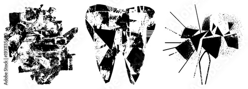 Fragmented polygonal shapes with textured fills, stylized abstract composition, halftone dot, graphic design elements, vector art pieces.