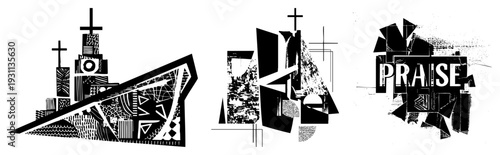 Fragmented church architecture with and, stylized worship art, modern religious graphic, black and white vector illustration, sacred geometry design.