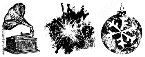 Antique gramophone with horn, festive fireworks explosion, snowflake Christmas ornament, black and white vector illustrations, holiday and retro themes.