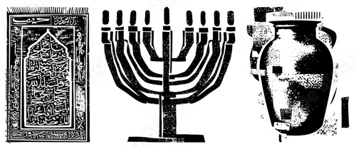 Islamic script panel, menorah, ancient jar vector silhouettes, halftone,. Religious artifacts, cultural symbols, stylized.