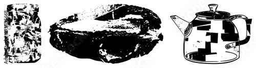 Retro halftone illustration of glass jar, cake slice, and teapot. Vintage kitchenware, dessert, beverage set, graphic, stylized food items.