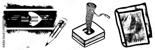 Classic writing tools typewriter, pencil, and book, retro stationery, creative workspace, writer’s desk, inked sketch style, illustration.