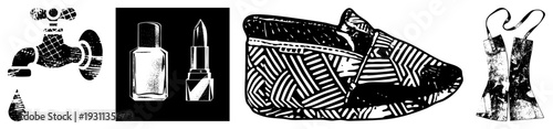 Retro faucet dripping water, perfume bottle, lipstick, woven slipper, apron stylized black and white vector.