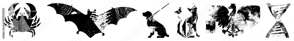 Obraz premium Bat, crab, dog, cat, eagle, hourglass stylized black vector with halftone textures, graphic design elements, isolated foregrounds, modern minimalism.