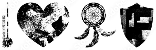 Distressed black/white vector heart, dreamcatcher, shield. Halftone grain. For design/tattoos. Synonyms distressed emblem, symbolic motif, vintage symbol.