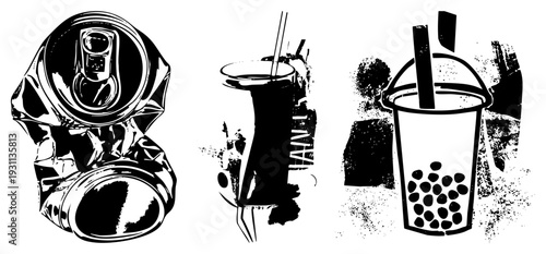 Vector illustration of crushed aluminum can, cocktail glass with straw, bubble tea cup with tapioca pearls, halftone texture, urban drink, isolated beverage elements.