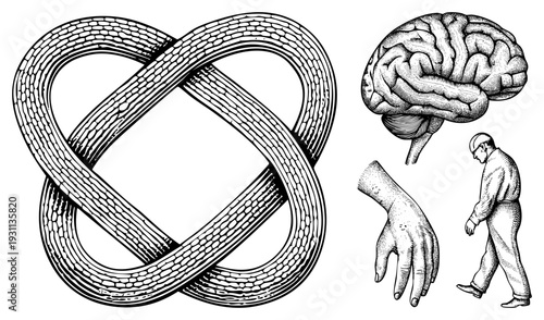 Neurological anatomy with brain, walking figure, hand, and infinity knot in classic engraved style, symbolic of thought cycles, cognitive loops, and human movement.