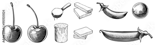 Classic engraved illustration of cherries, eggplant, pea pod, sugar, cheese, and, rendered in detailed hatching and stippling techniques for a retro botanical aesthetic.