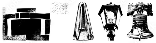 Stonehenge, draped veil, vintage lantern, Liberty Bell historical emblems rendered in stark vector style, ideal for graphic design, branding, or educational use.