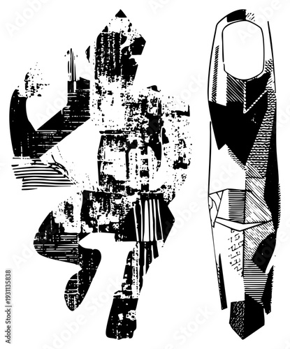 Artistic black and white vector sculpture, fragmented geometric forms, stylized modern art, halftone shading, graphic design element, isolated art piece.