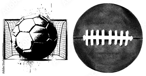 Football and soccer ball graphic, sports equipment, athletic, game symbols, black and white halftone design, isolated vector illustrations.