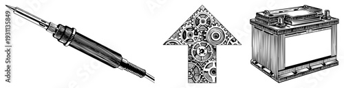 Soldering iron with tip, gear filled arrow pointing up, car battery block engineering tools, electronics repair, automotive, technical illustration, mechanical design.
