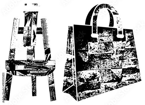 Artistic wooden easel and luxury handbag rendered in halftone style, graphic design elements, isolated objects, vector illustration, black and white texture, artistic tools, fashion accessory.
