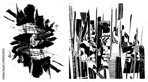 Bold black abstract forms against white, halftone, graphic design elements, vector art, modernist textures, stylized composition.