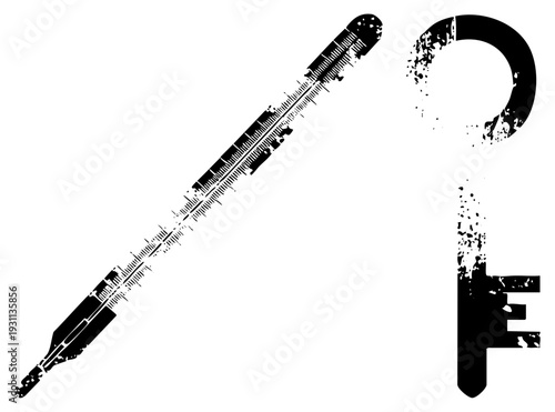 Classic writing instrument and antique key rendered in gritty black silhouette, textured vector art, isolated graphic elements, stylized for design projects.