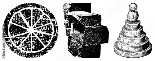 Grungy halftone print of citrus section, stacked stone blocks, tiered wooden, rustic textures, vintage graphic style.