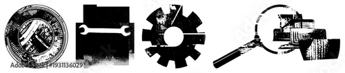 Set of black and white vector tools including wrench, gear, and magnifying glass, technical symbols for repair, maintenance, and inspection, mechanical engineering.