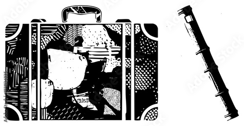 Retro travel suitcase containing coffee cup,, and books, paired with wooden recorder, halftone style, artistic black and white vector illustration.