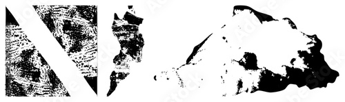 Bold graphic elements with distressed textures, angular forms, and organic silhouettes, rendered in stark for visual impact.