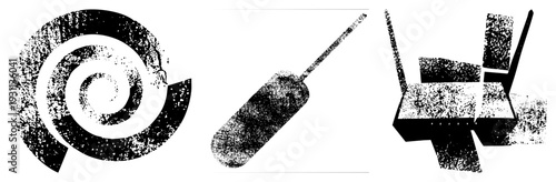 Gridded halftone spiral, stylized duster brush, angular router vector graphics with grainy texture, isolated digital assets for UI design.