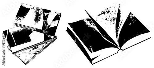 Stack of closed books and open book illustration, halftone ink style, educational materials, reading concept, graphic design element.