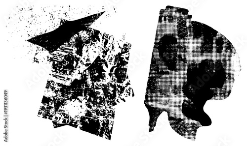 Black and white vector shapes with halftone and noise textures, graphic design elements, digital art fragments, isolated foreground forms, stylized abstract.