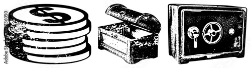 Stacked currency coins, ornate treasure chest filled with gems, heavy duty safe with combination dial, financial assets, wealth symbols, vault security.