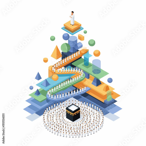 3D Illustration of Kaaba and Pilgrim.