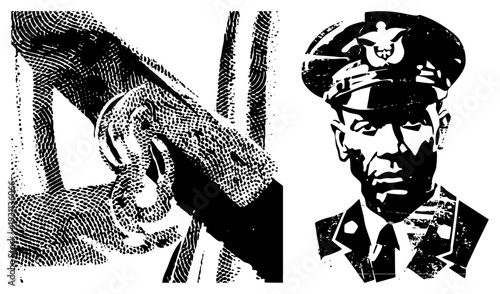 Black and white halftone stylized portrait of uniformed officer with insignia, paired with abstract hand gripping firearm, gritty texture, stencil like vector art.