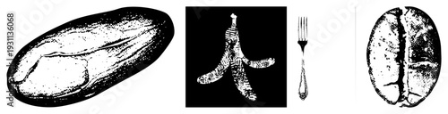 Stylized halftone graphic of coffee bean, banana peel, and fork,, vector art, food set, isolated elements, culinary symbols.