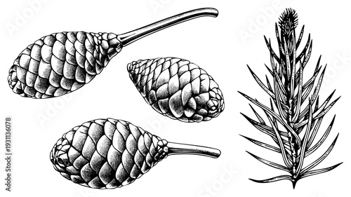 Botanical illustration of pine cones and spruce, engraved style, nature study, forest flora, vintage sketch, forestry.