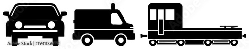 Vector silhouette of car, van, and flatbed truck, isolated transport, vehicle symbols, transportation graphics.