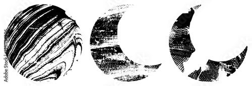 Stylized celestial rendered in halftone, cosmic spheres, abstract planetary shapes, graphic design elements, black and white vector art.