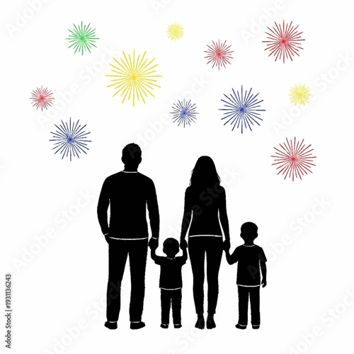 Family Silhouette with Fireworks in Background.