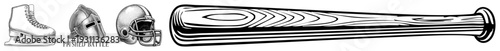 Classic athletic equipment, retro sports gear, vintage helmet designs, wooden baseball bat, ice skate, medieval armor, stylized sports symbols.
