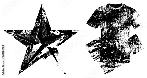 Star shaped graphic with halftone, t shirt cutout with grainy texture, vector art, black and white, stencil style, graphic design element.